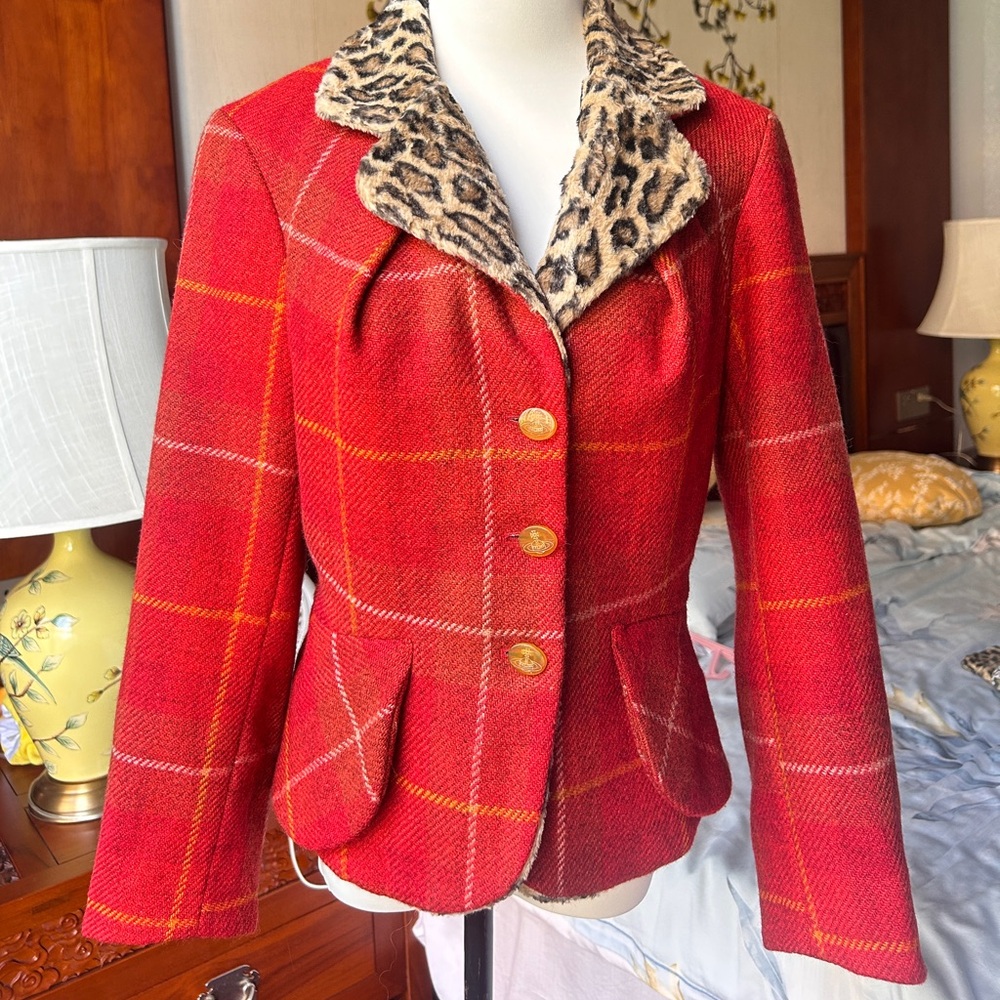 Vivienne Westwood Red Plaid Blazer with Leopard Collar